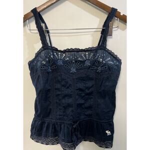 Y2K Abercrombie & Fitch Women’s Milkmaid Top Small Navy Blue Lace Straps Preppy